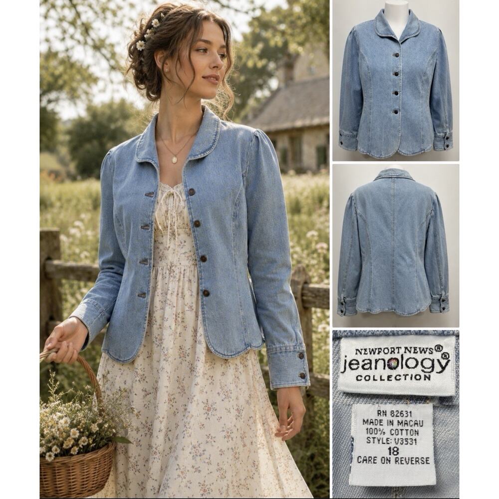 Newport News Jeanology Denim Jacket Women 18 Light Wash Button Front Stretch